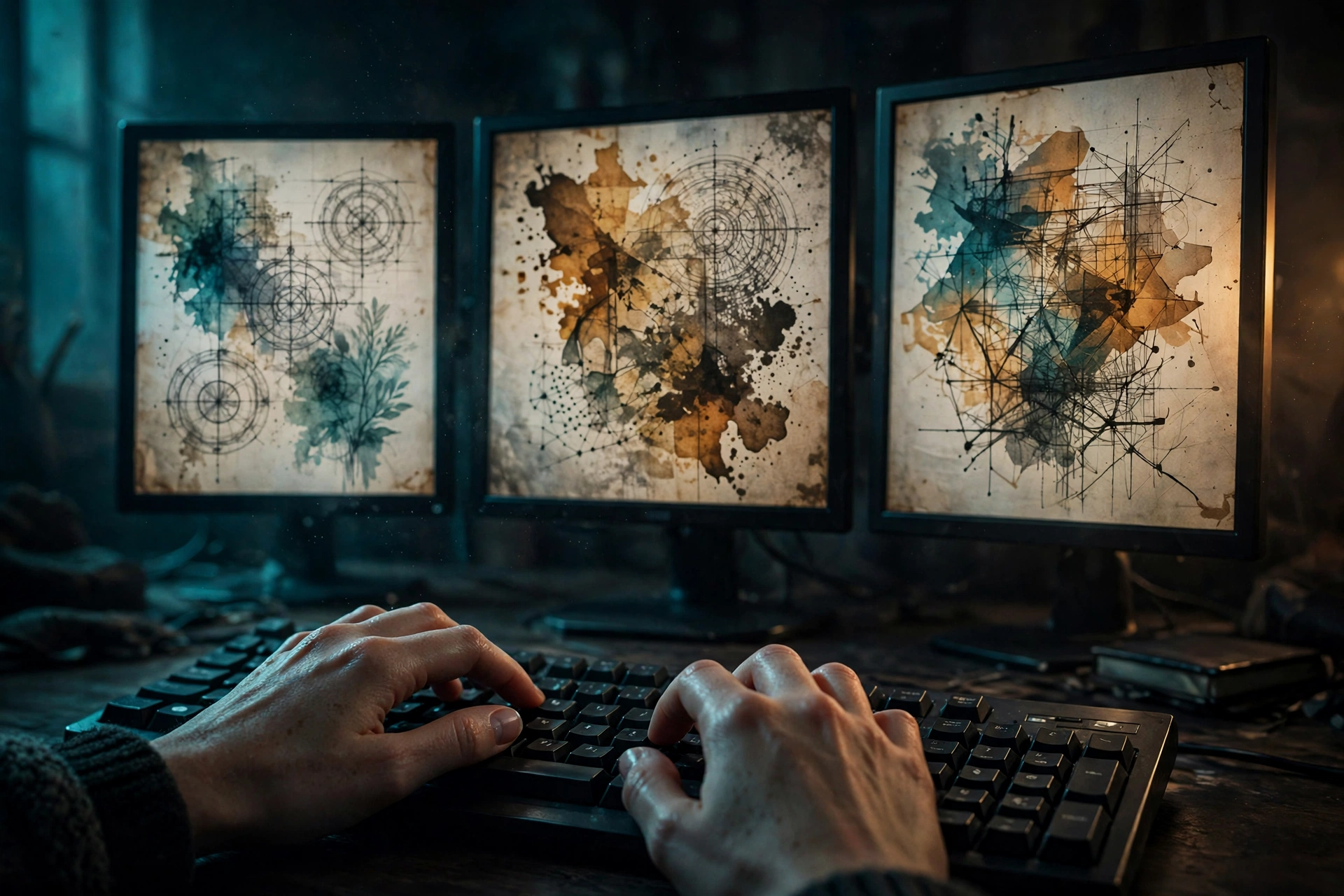 Three glowing monitors and typing hands in a dark room