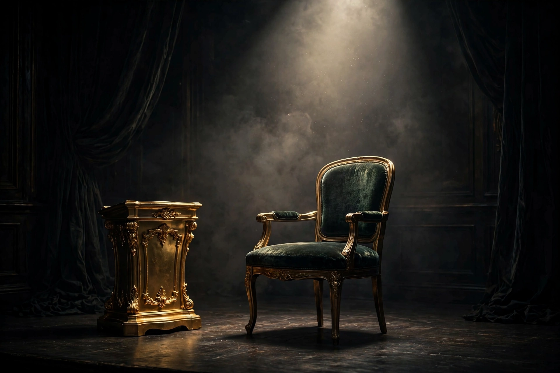 An empty chair under a spotlight on a dark award ceremony stage