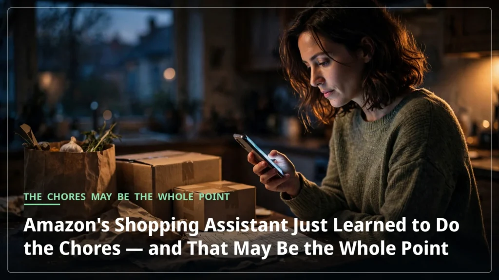 A shopper checks her phone beside grocery bags and delivery parcels at dusk