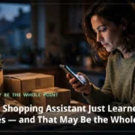 A shopper checks her phone beside grocery bags and delivery parcels at dusk