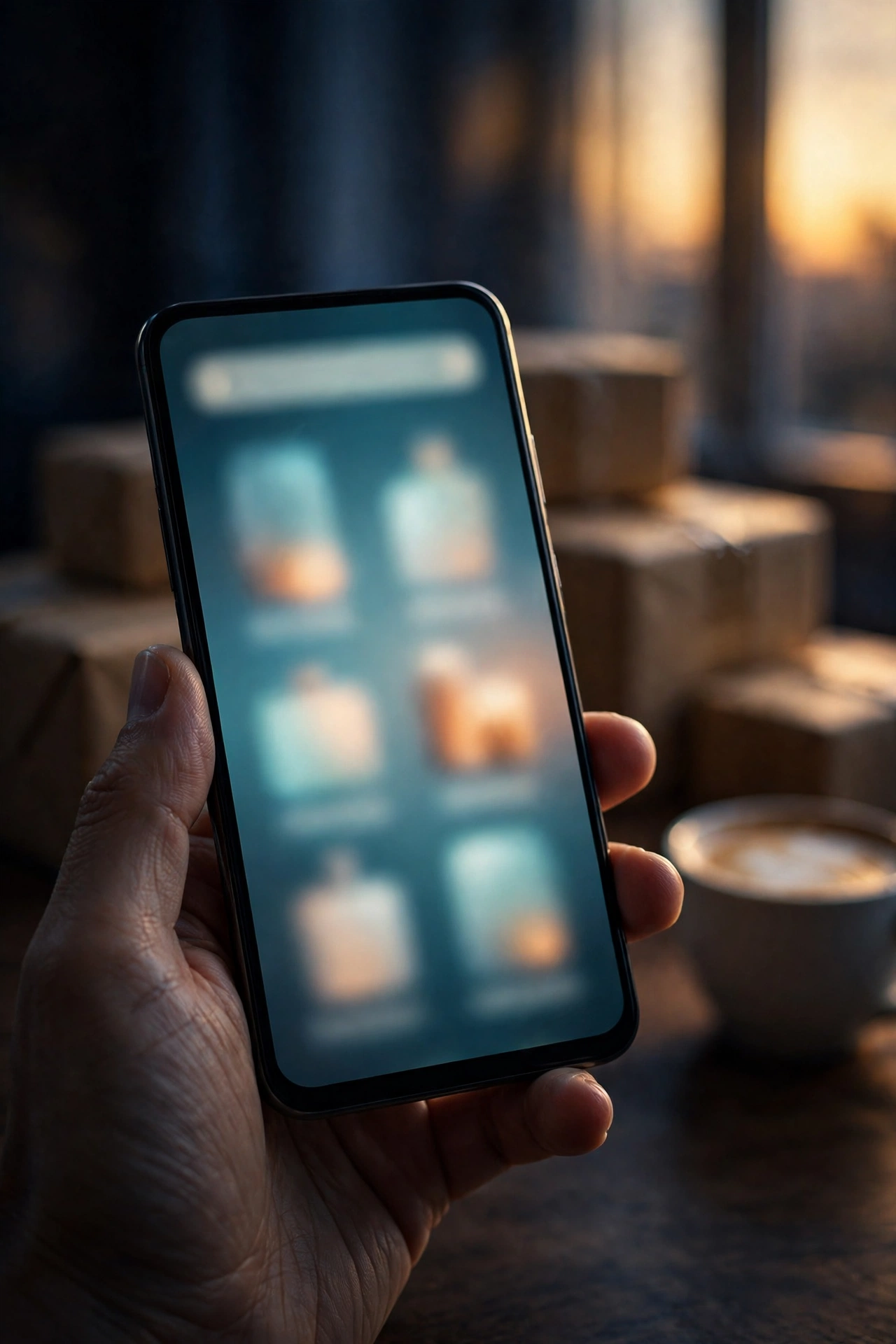 A hand holding a phone showing a shopping app beside parcels