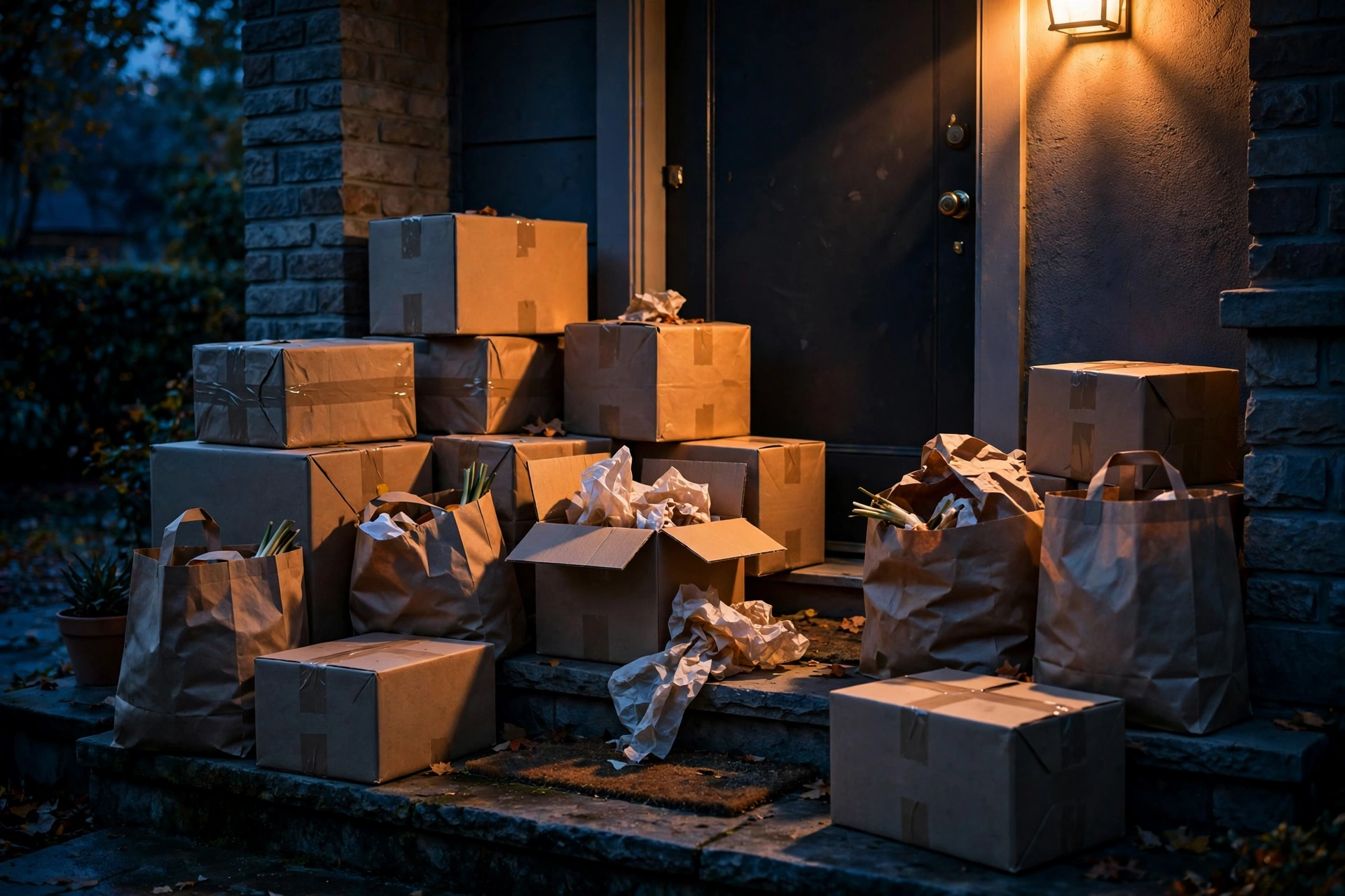 Delivery parcels and grocery bags piled on a doorstep at dusk