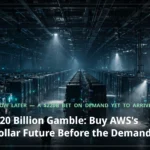 A lone figure stands before endless rows of servers in a vast dark data centre