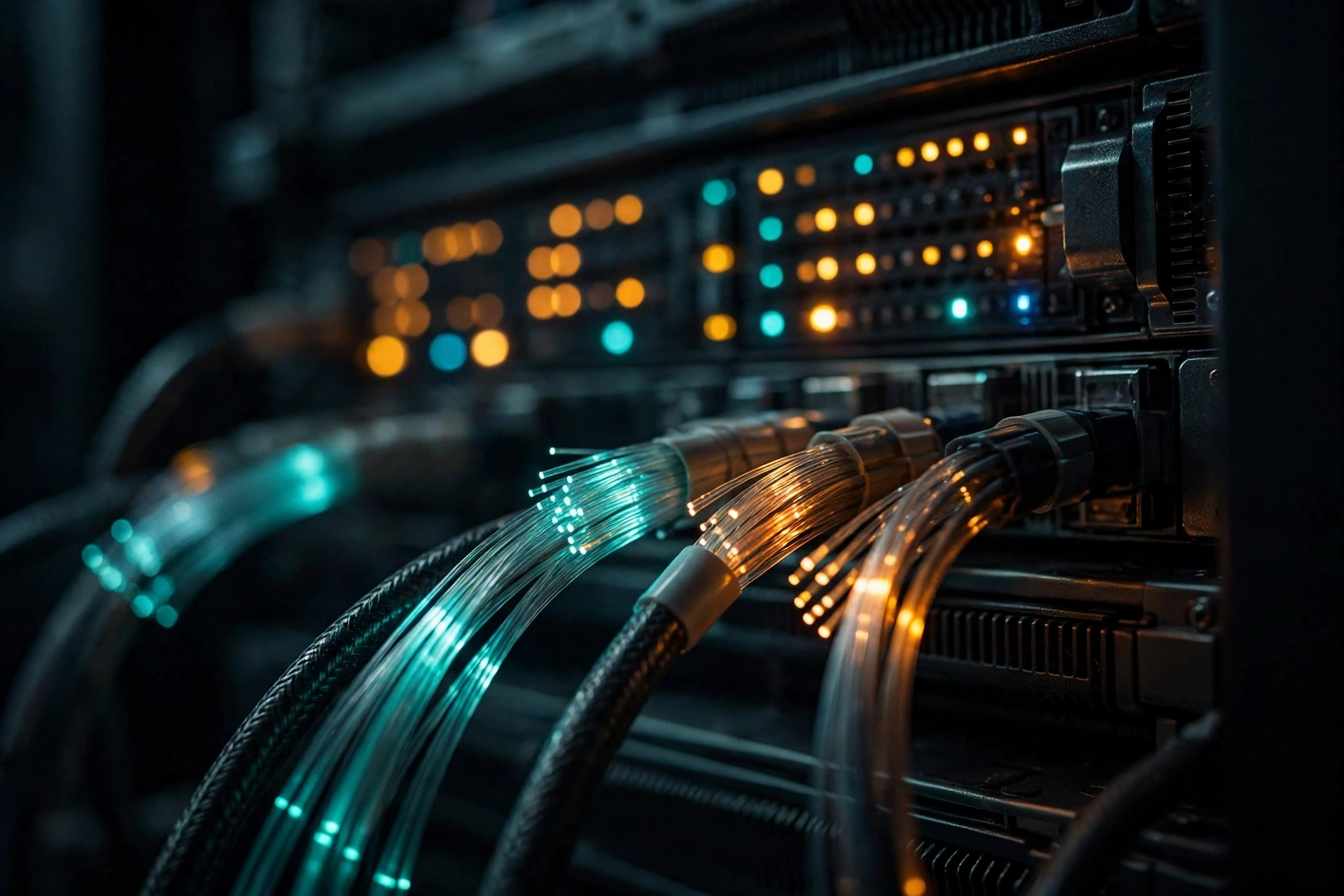 Glowing server hardware and cabling inside a dark data centre