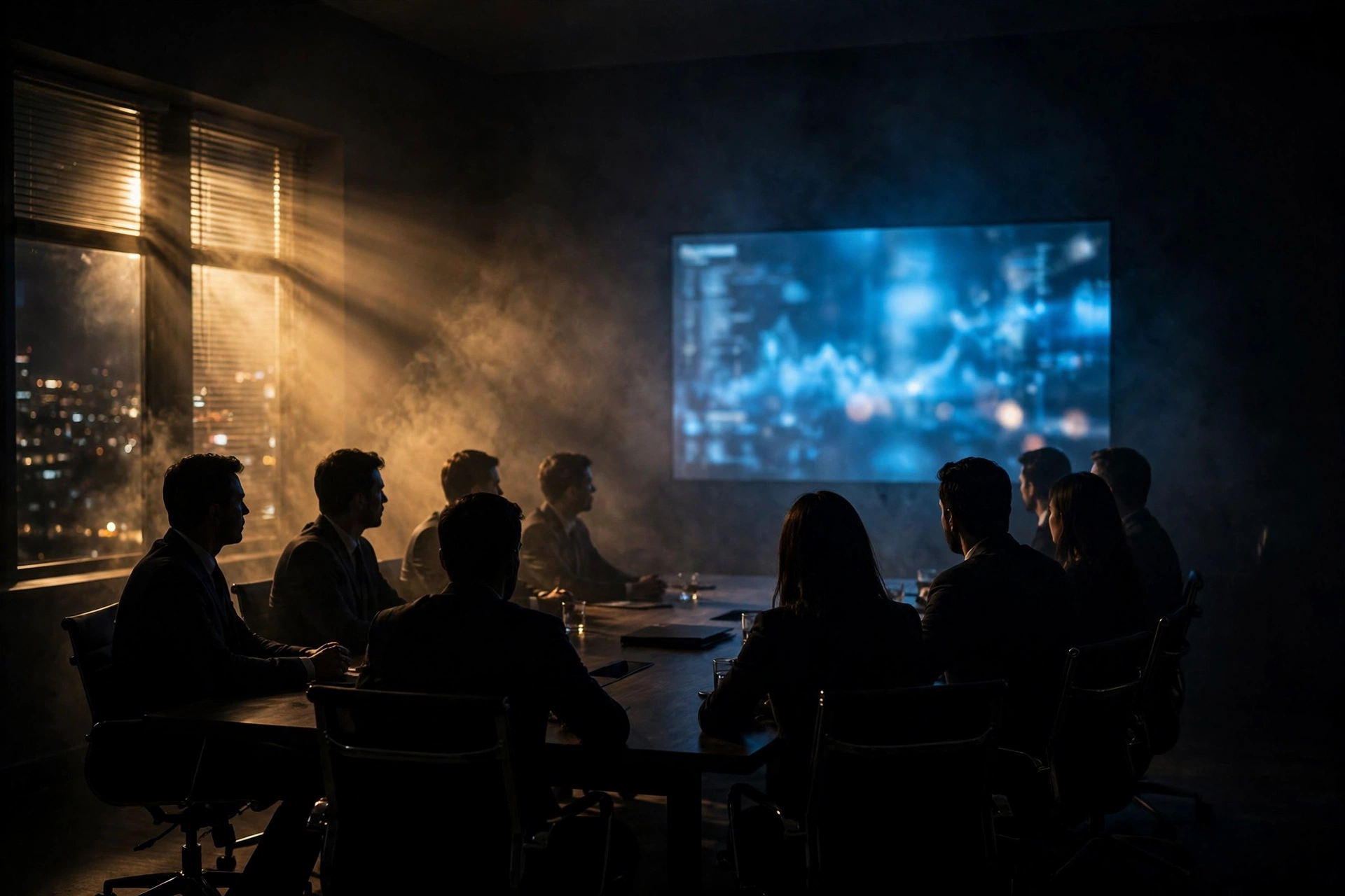 Analysts seated around a boardroom table facing a glowing screen during an earnings call