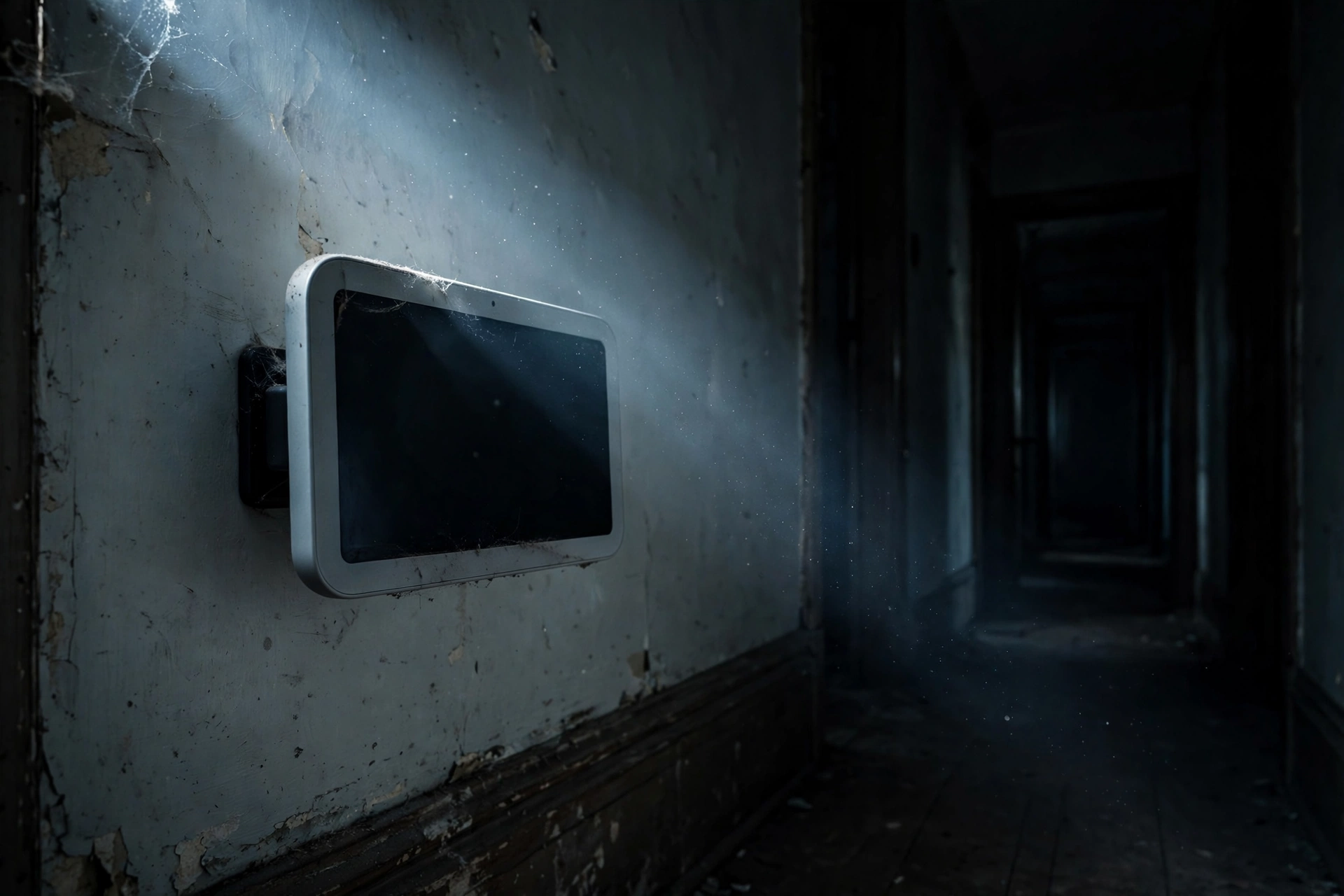 An older Echo Show with a dark, unlit screen on a dim hallway wall