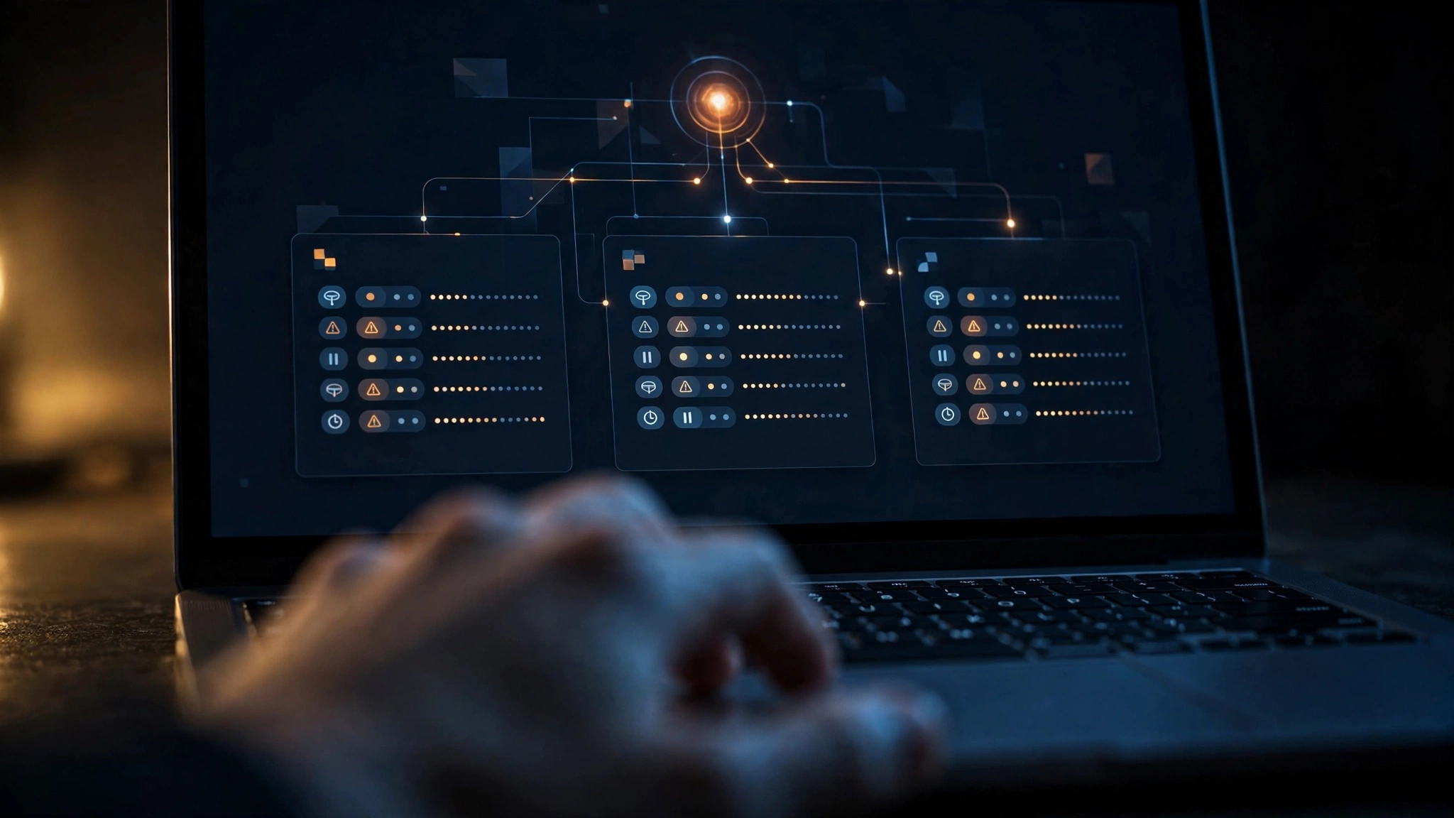 Close-up of a laptop screen showing a support inbox being sorted by a triage system at night.