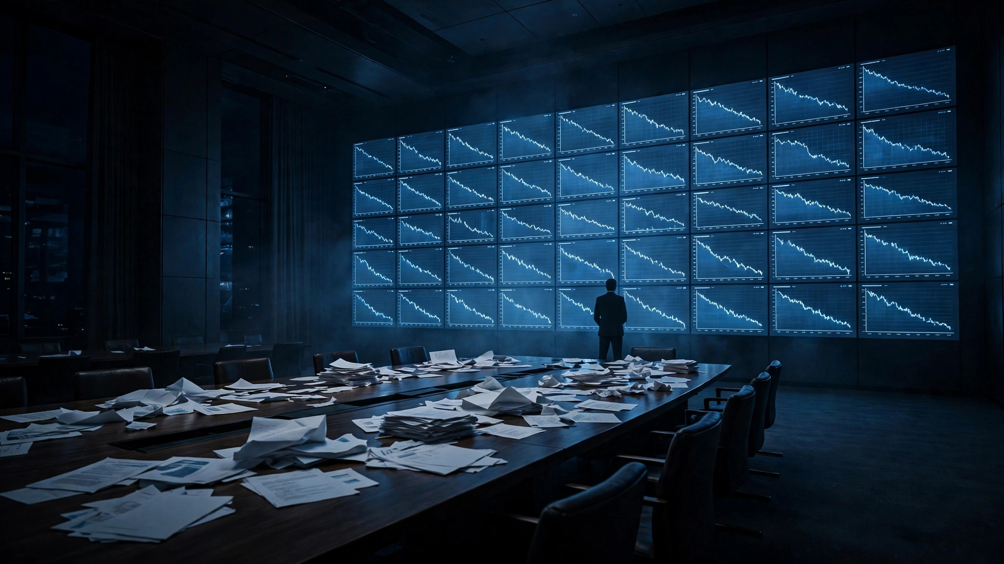 A lone figure stands before a wall of declining charts in a dark boardroom.