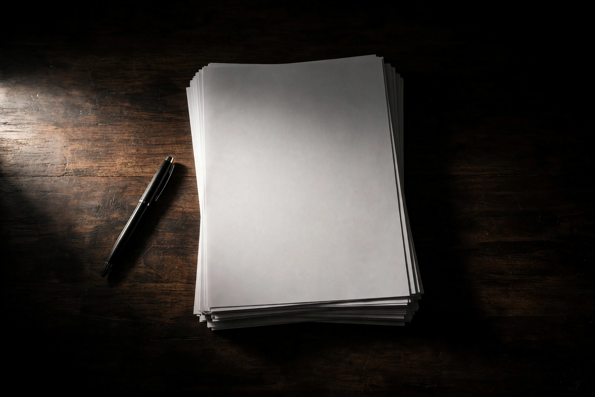 A stack of blank printed papers and a pen on a dark desk under a single spotlight