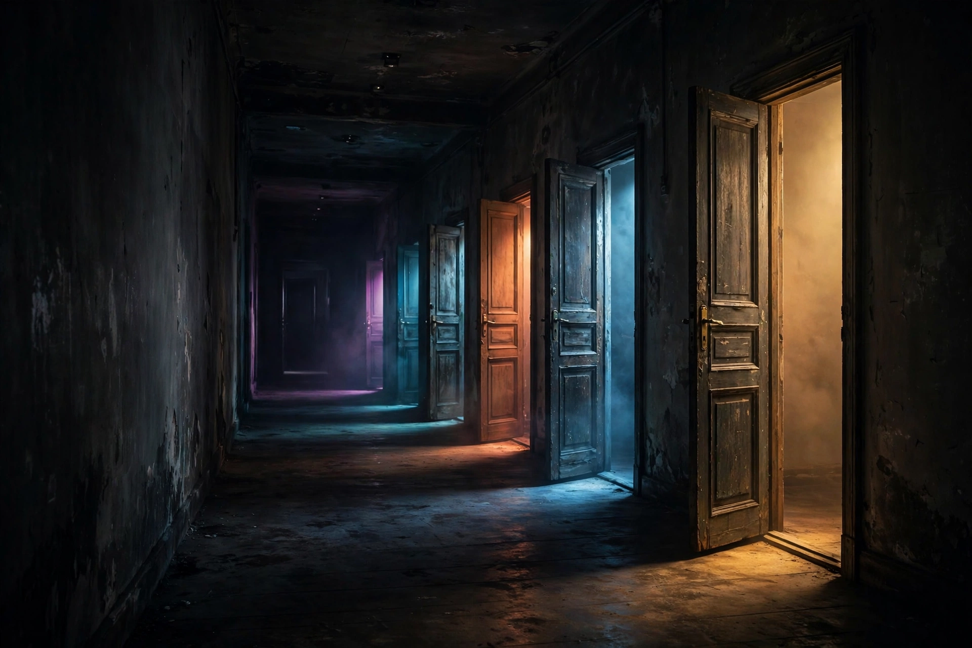 A dark corridor of doors, each slightly ajar with different coloured light spilling out