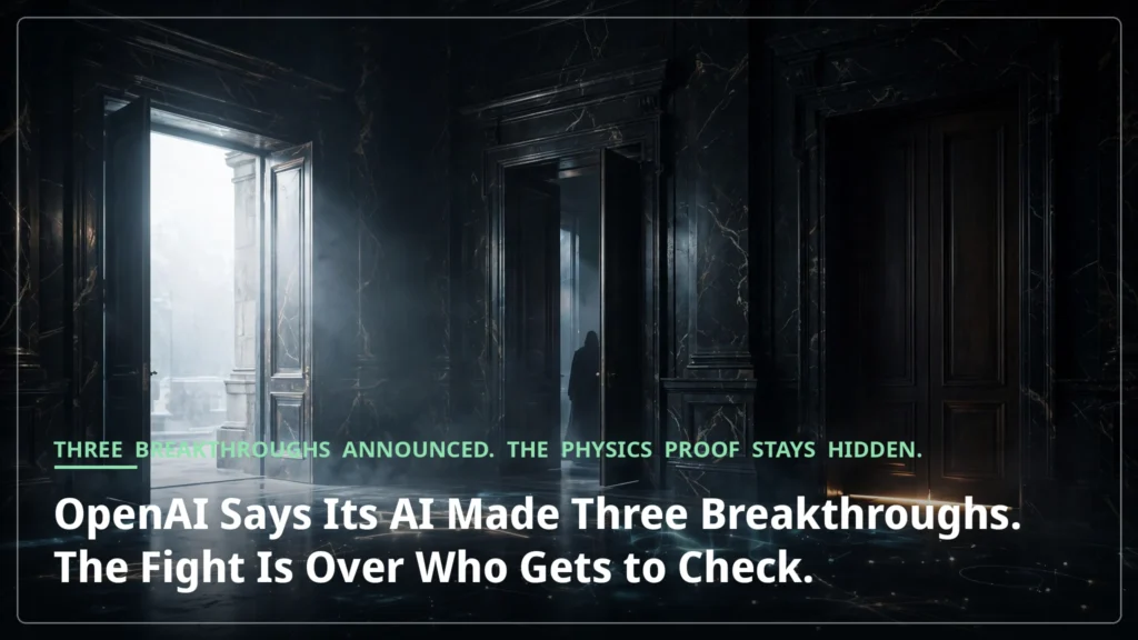 A dark marble hall with three doorways: one open to bright light, one half-open, one shut — the three release strategies for OpenAI's breakthroughs.