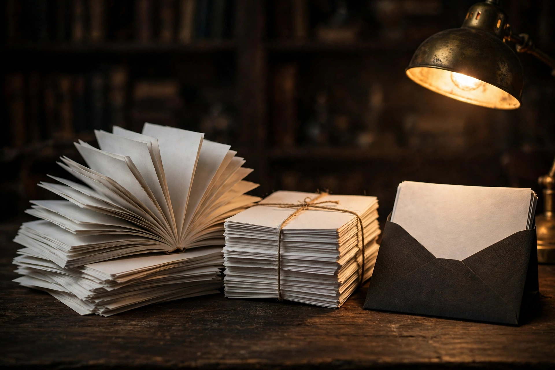Three stacks of manuscripts on a desk: one fanned open, one bound, one sealed in an envelope.