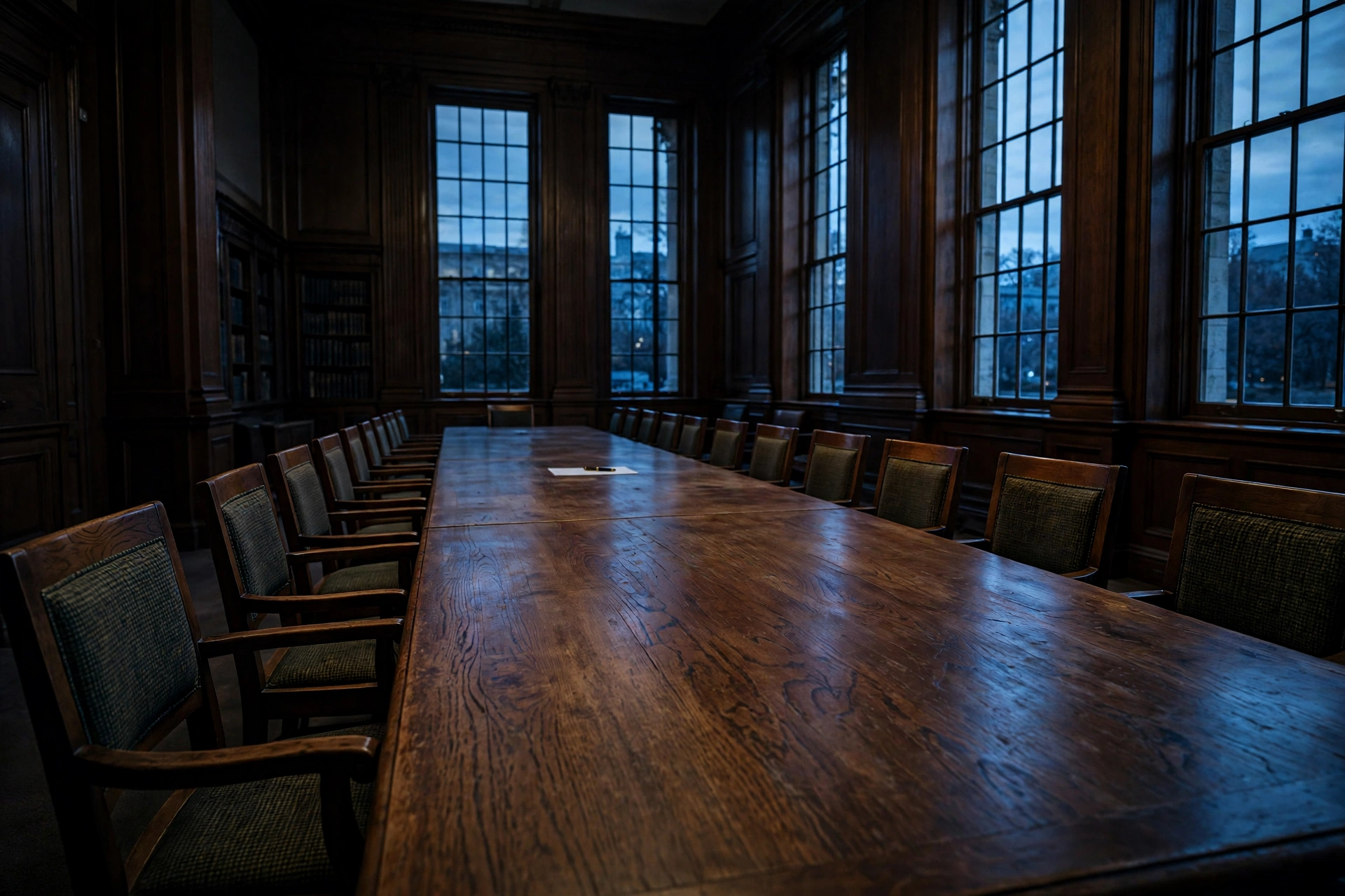 An empty conference table in a wood-panelled institute room at dusk.