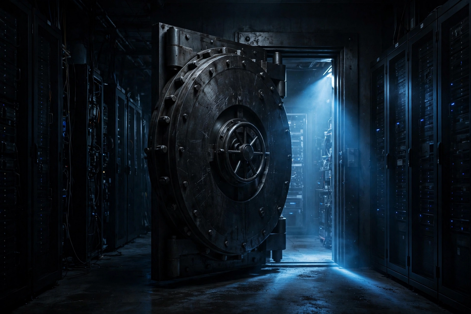 A massive steel bank-vault door standing ajar in a dark server room