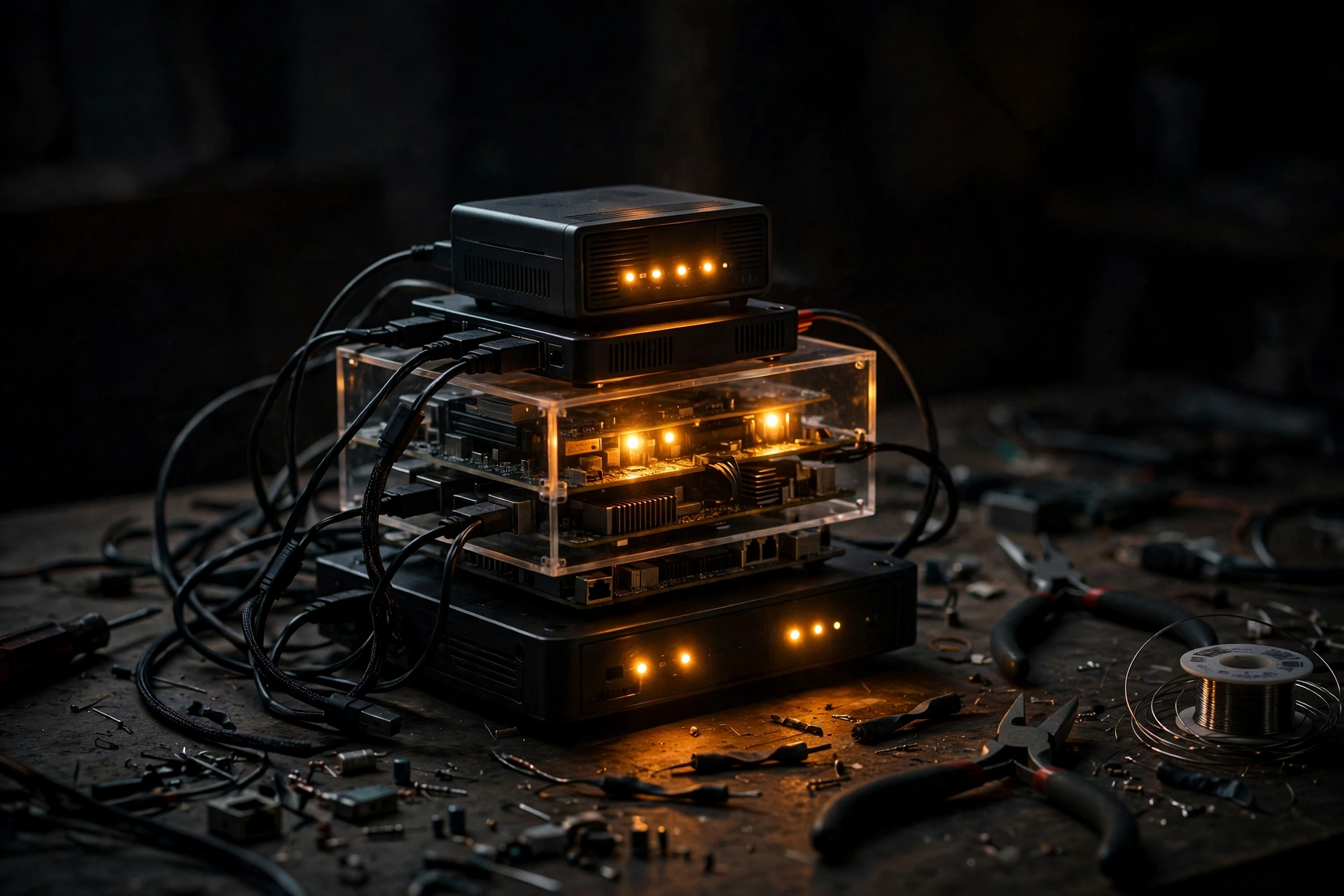 A stack of small home computers glowing amber on a tinkerer's desk at night