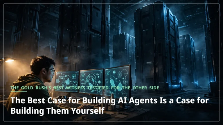 A lone engineer works at a desk with glowing monitors, dwarfed by towering dark server monoliths