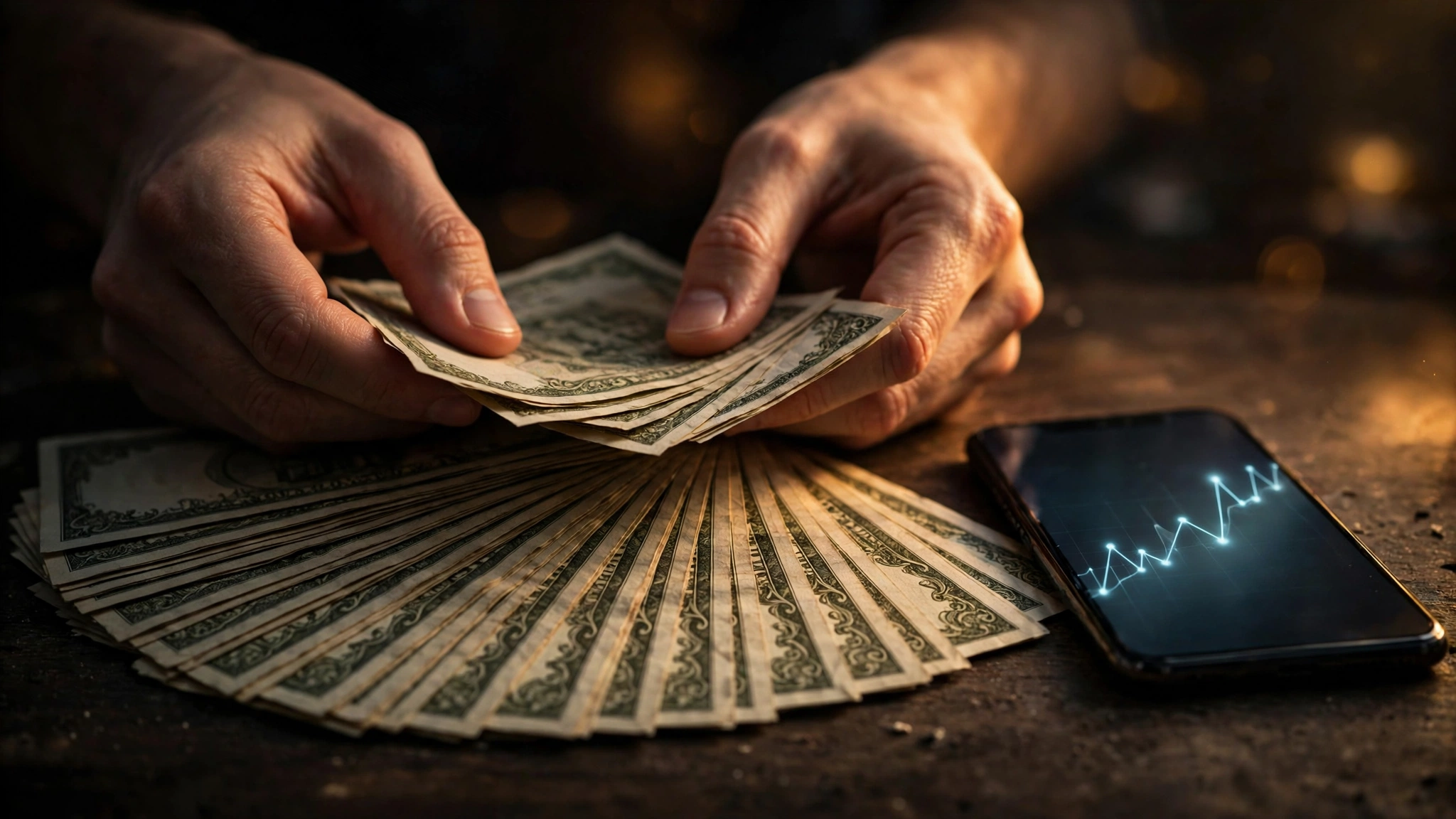 Hands fanning out banknotes beside a smartphone showing a rising chart