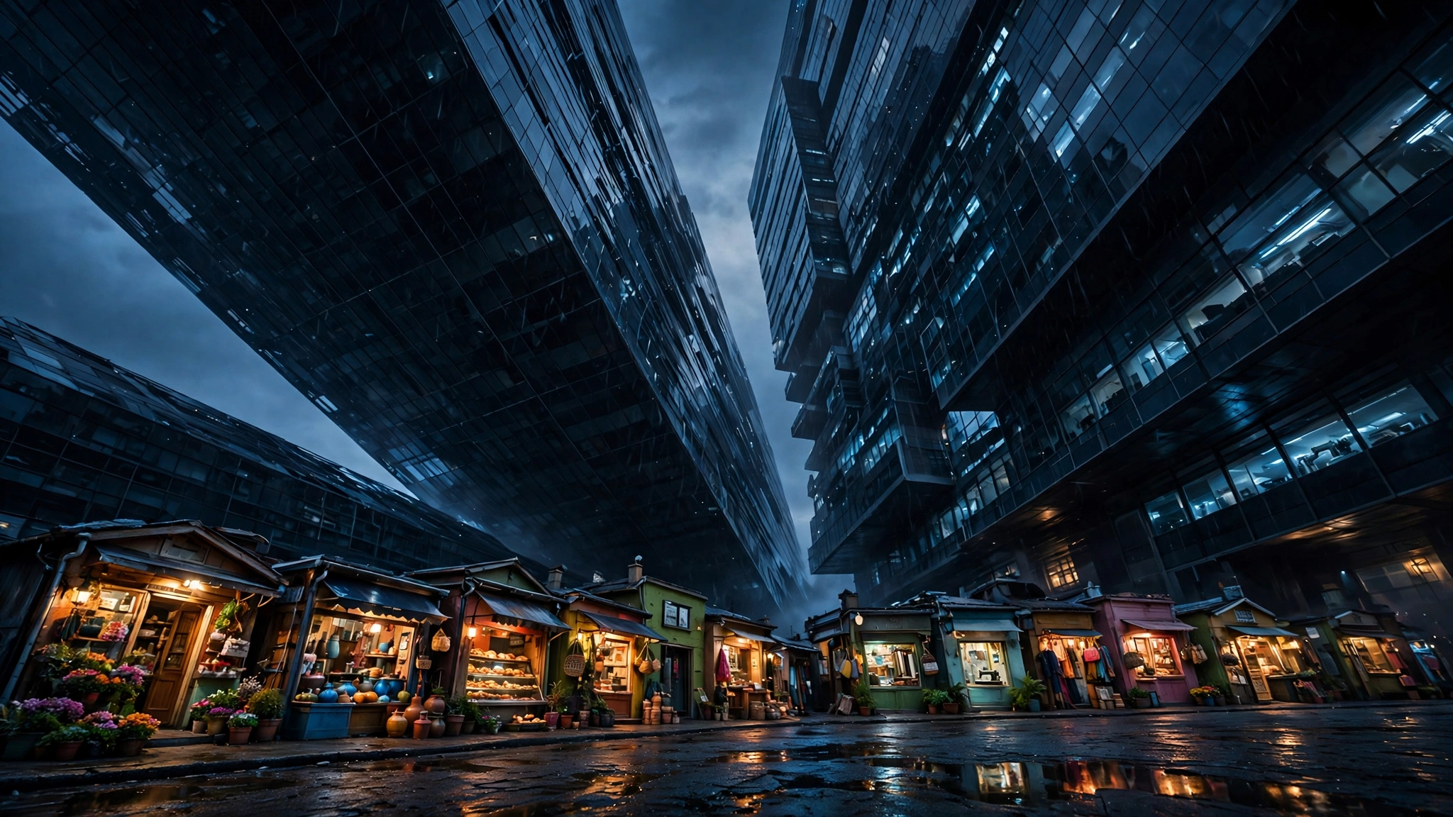 Tiny colourful shopfronts dwarfed beneath towering dark glass platform monoliths