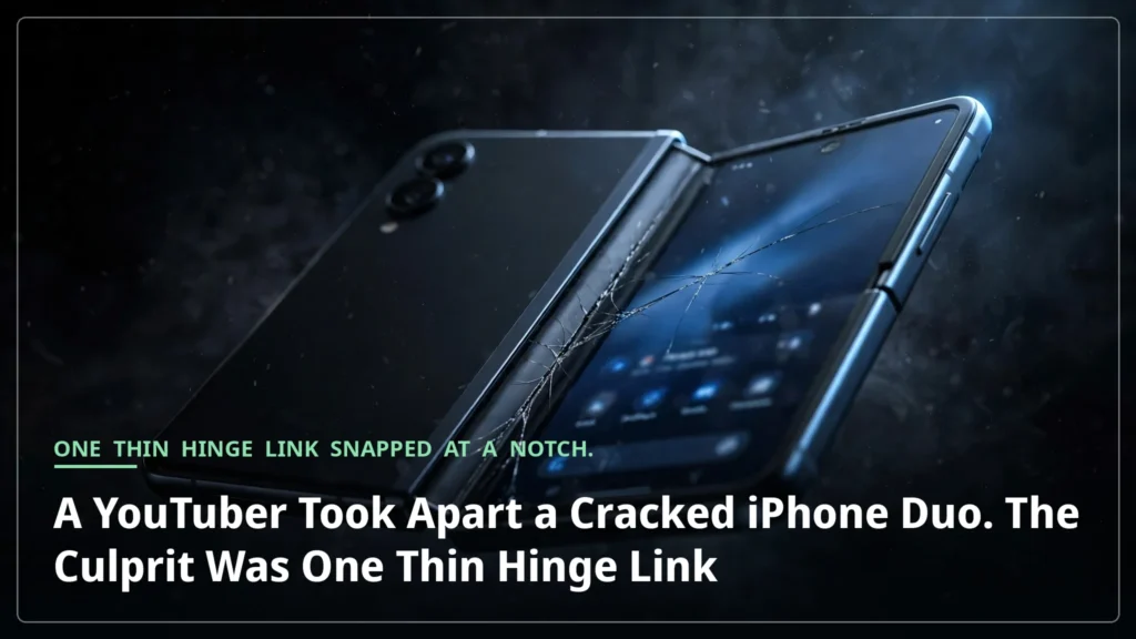 A foldable iPhone Duo held half-open in a dark studio, its inner screen glowing with a fine crack along the hinge