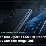 A foldable iPhone Duo held half-open in a dark studio, its inner screen glowing with a fine crack along the hinge