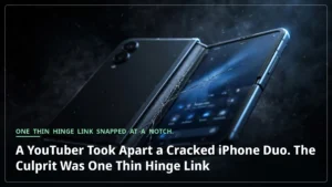 A foldable iPhone Duo held half-open in a dark studio, its inner screen glowing with a fine crack along the hinge