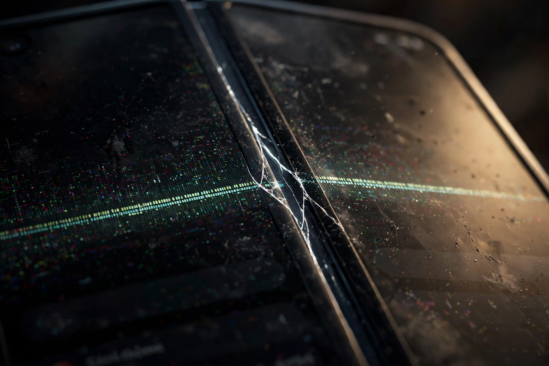 Extreme close-up of a foldable phone's inner display with a hairline crack glowing white along the fold line
