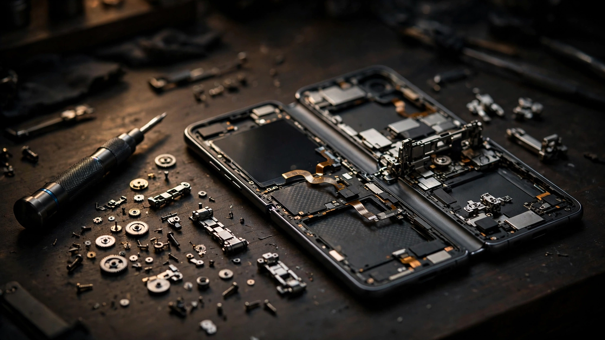 A precision screwdriver and tiny metallic hinge components laid out on a dark workbench beside a disassembled foldable phone