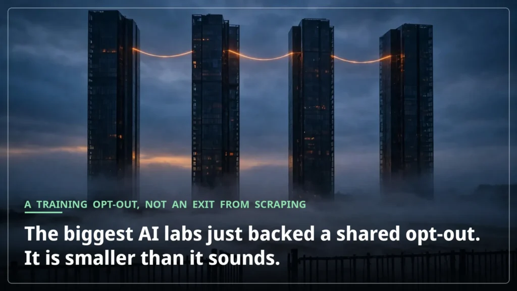 Four dark glass towers linked by a single glowing amber thread at dusk, with an open gate in a fence in the foreground