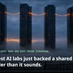 Four dark glass towers linked by a single glowing amber thread at dusk, with an open gate in a fence in the foreground