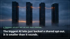 Four dark glass towers linked by a single glowing amber thread at dusk, with an open gate in a fence in the foreground
