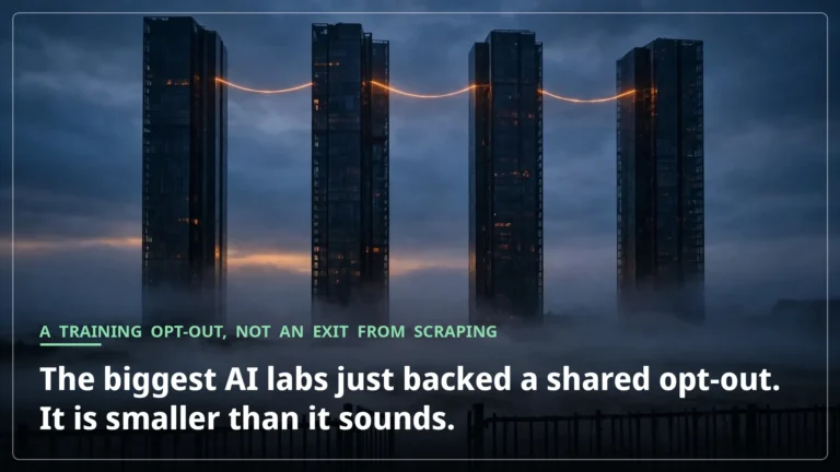 Four dark glass towers linked by a single glowing amber thread at dusk, with an open gate in a fence in the foreground