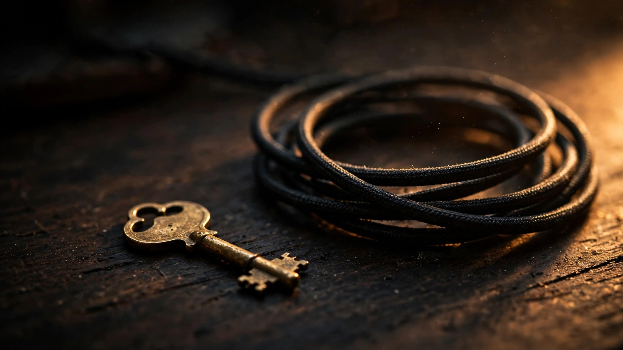 A small brass key beside a coiled black cable on a dark wooden desk