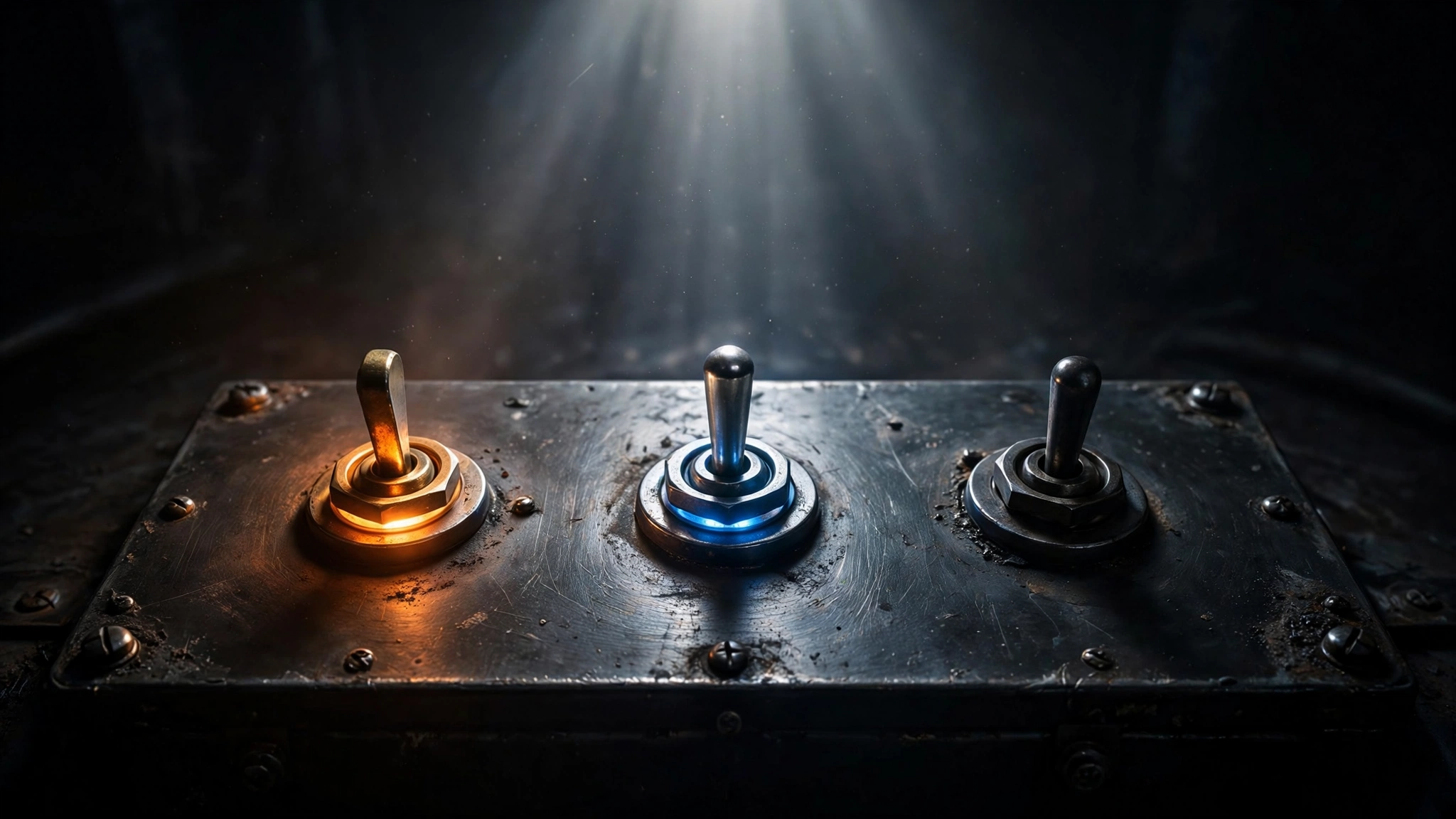 Three vintage toggle switches on a dark metal panel, lit amber, blue, and dim