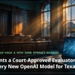 A dark Texas courtroom at dusk, a gavel resting beside a glowing laptop