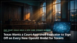 A dark Texas courtroom at dusk, a gavel resting beside a glowing laptop