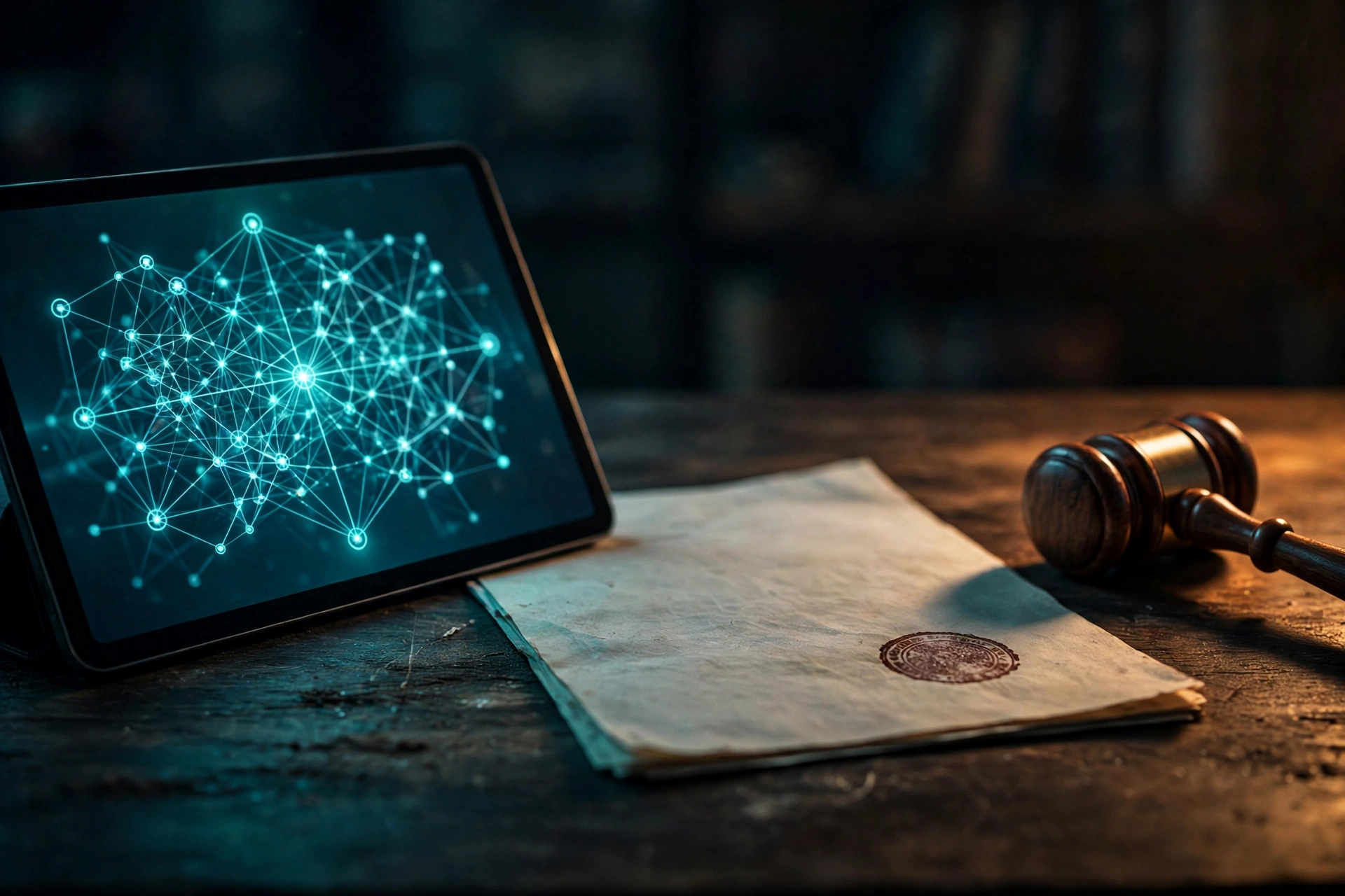 A glowing tablet showing a neural-network diagram beside a stamped legal document and a gavel