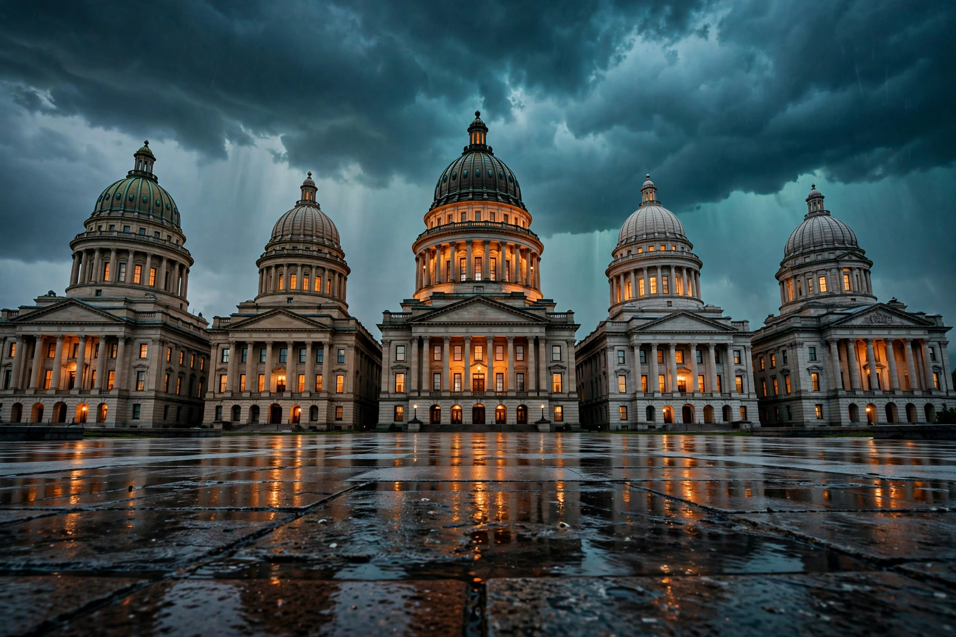 State capitol domes at dusk under a stormy sky