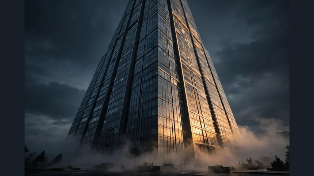 Monumental glass skyscraper at dusk, half in shadow — Anthropic's Founder LLC voting firewall and its sunset clause