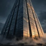 Monumental glass skyscraper at dusk, half in shadow — Anthropic's Founder LLC voting firewall and its sunset clause
