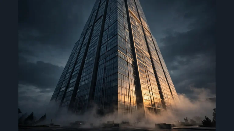 Monumental glass skyscraper at dusk, half in shadow — Anthropic's Founder LLC voting firewall and its sunset clause