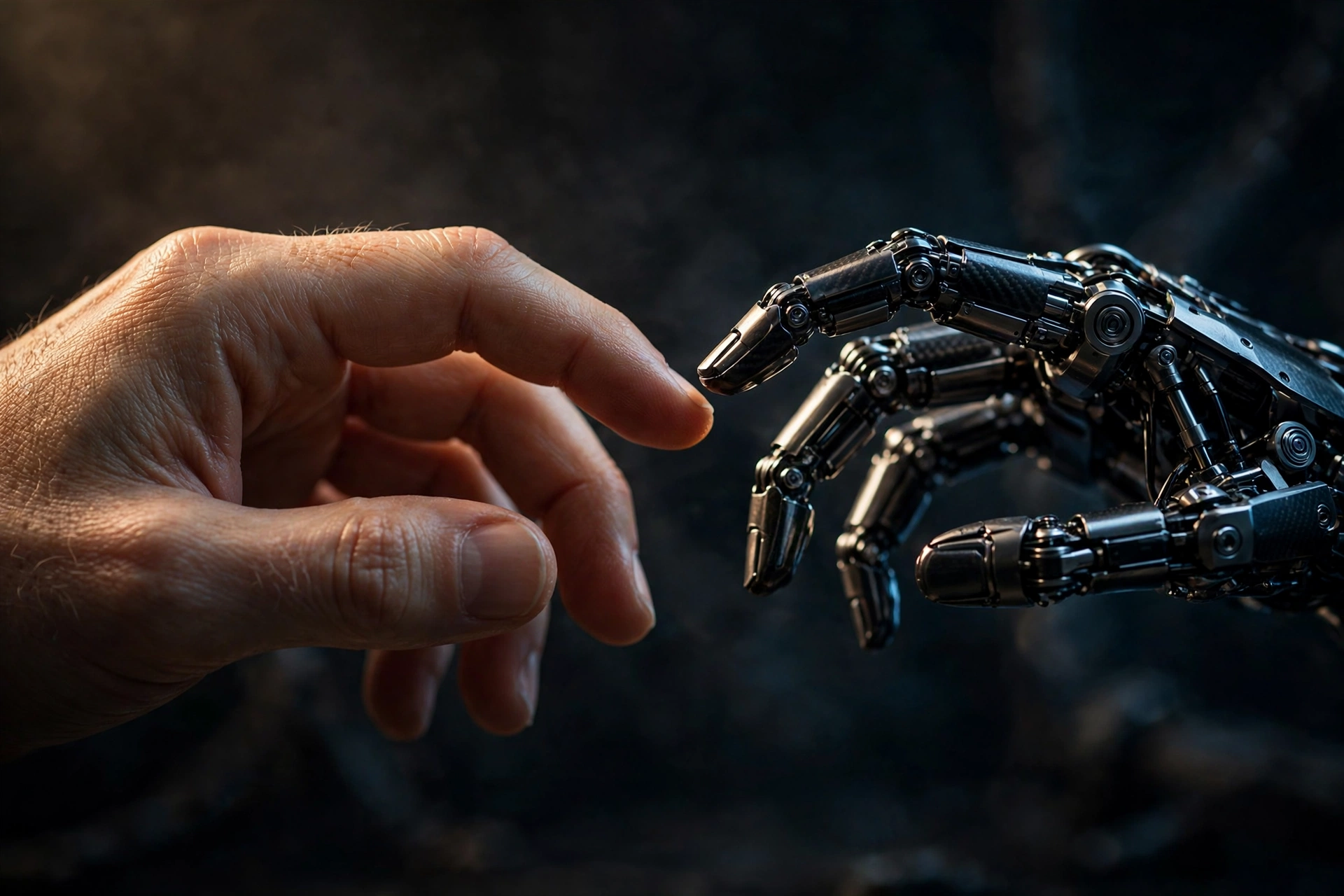 A human hand and a robot hand nearly touching