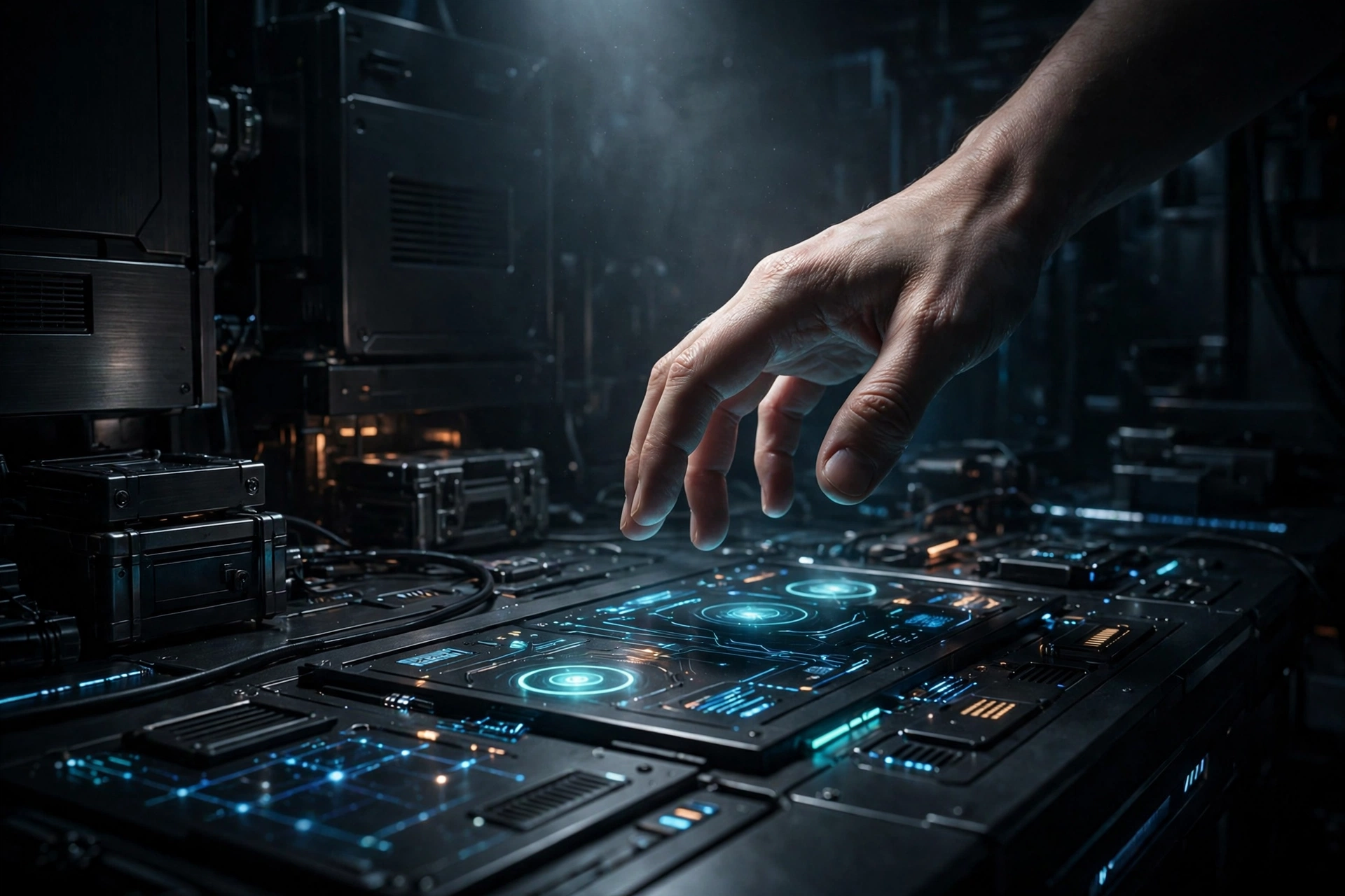A human hand hovering over a glowing control-room console