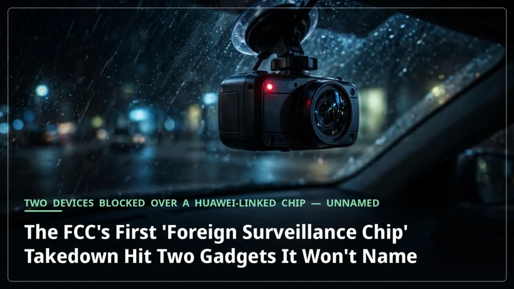 A dashboard camera with a glowing red recording light mounted on a car windshield at night, the subject of the FCC's first 'foreign surveillance chip' enforcement action