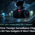 A dashboard camera with a glowing red recording light mounted on a car windshield at night, the subject of the FCC's first 'foreign surveillance chip' enforcement action