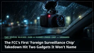 A dashboard camera with a glowing red recording light mounted on a car windshield at night, the subject of the FCC's first 'foreign surveillance chip' enforcement action