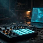 A hardware groovebox synthesizer connected by USB cable to a glowing laptop on a dark studio desk - the vibe-coded firmware rebellion