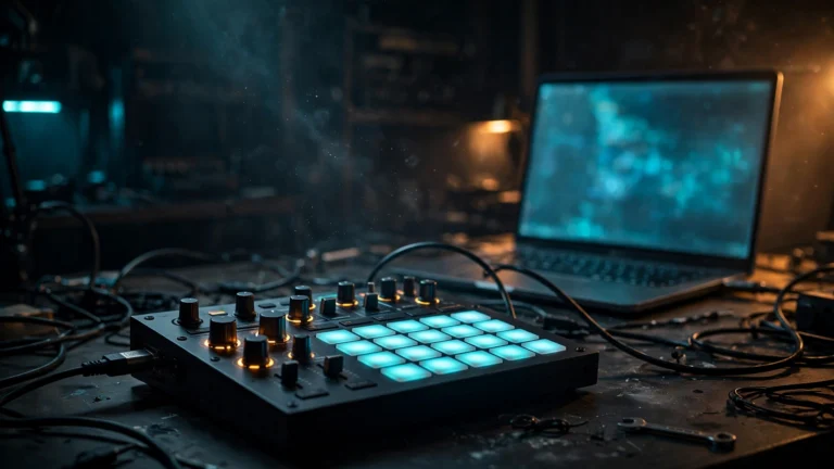 A hardware groovebox synthesizer connected by USB cable to a glowing laptop on a dark studio desk - the vibe-coded firmware rebellion