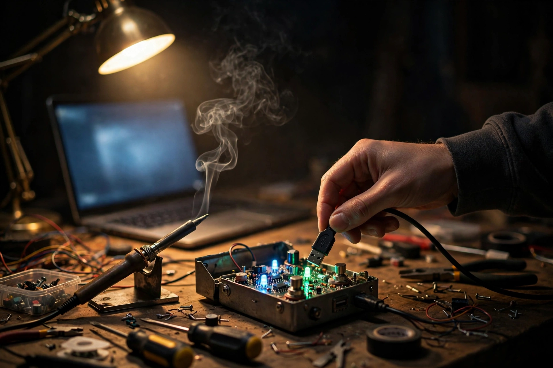 A hobbyist flashing custom firmware onto an opened guitar pedal with a USB cable at a cluttered nighttime workbench