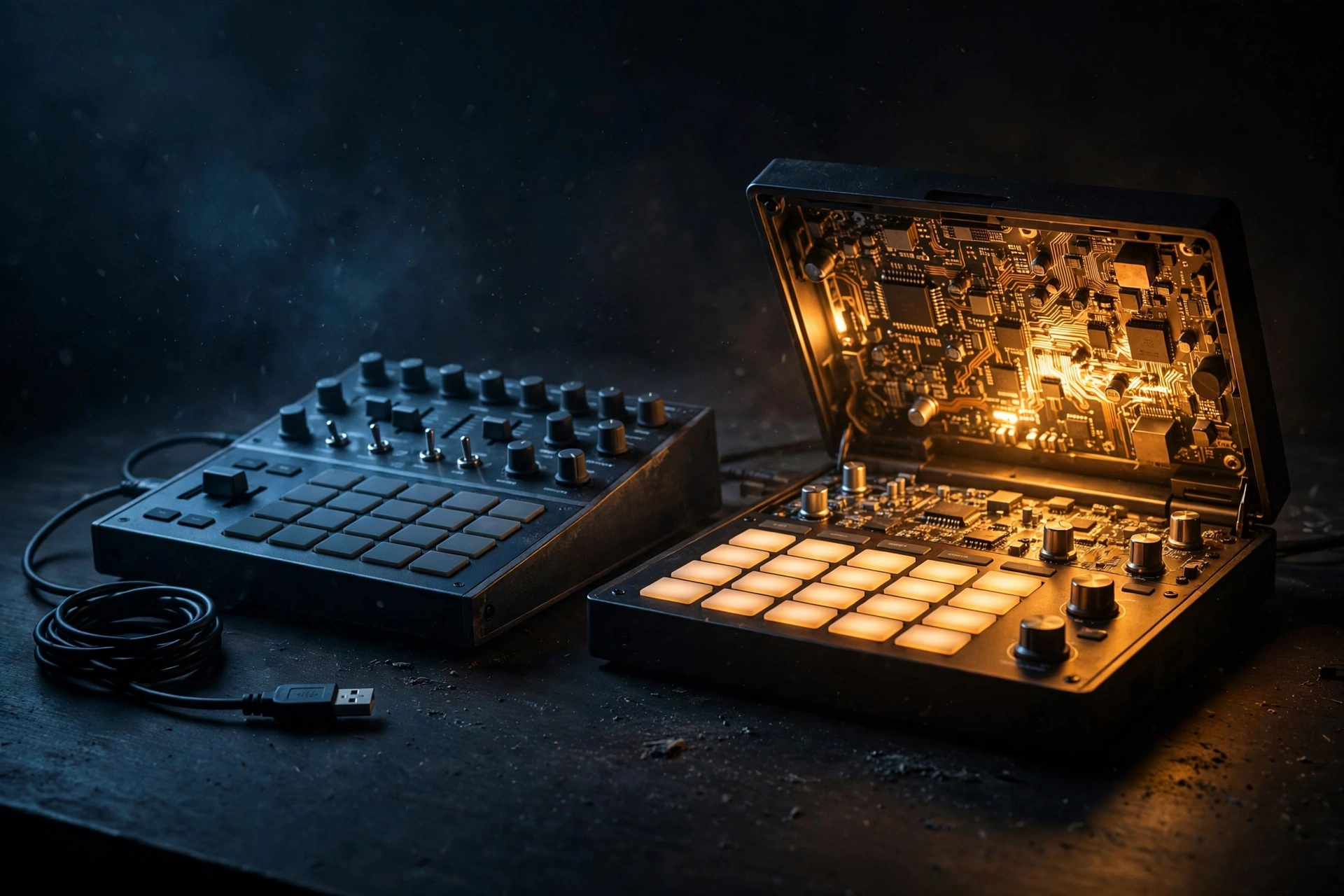 Two music hardware devices in opposing light: one sealed under cold blue shadow, one with its panel open revealing glowing circuit boards - two manufacturers, two stances on community firmware