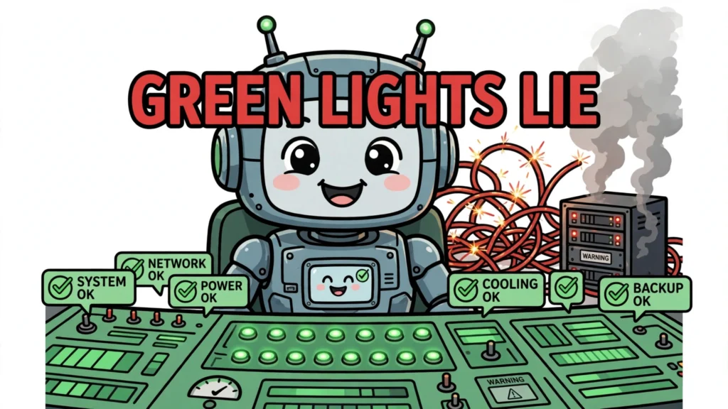 A cheerful robot at a control desk where every dashboard light is green while red wires spark and a server smokes behind it — green lights lie.